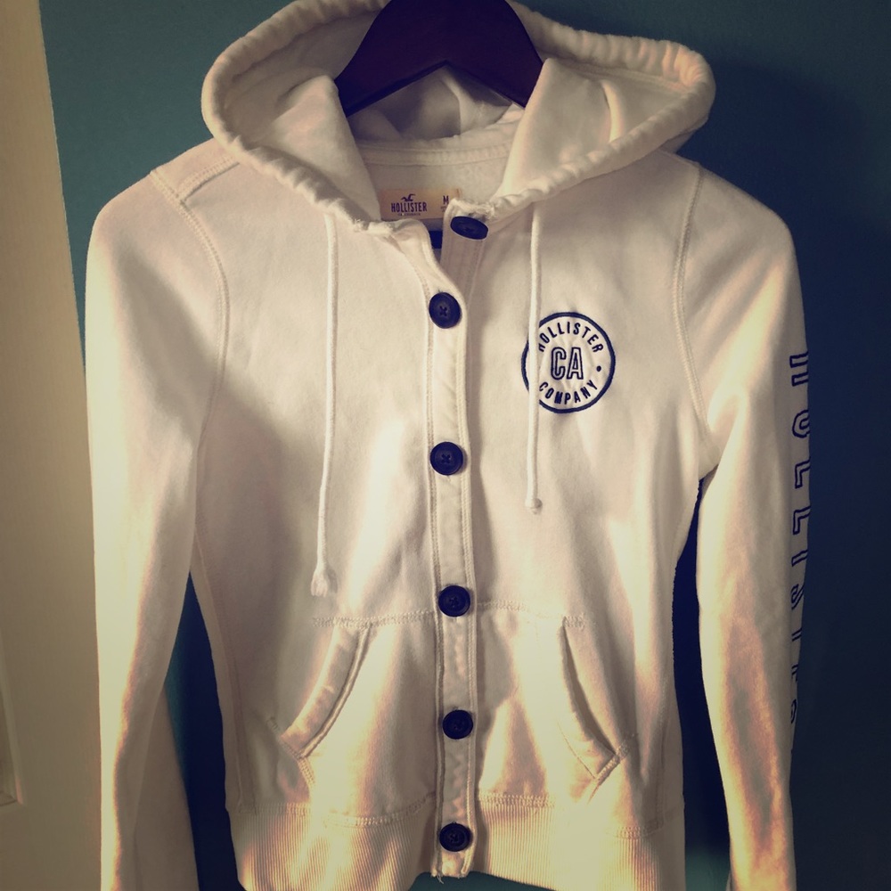Hollister M white button down hooded sweatshirt